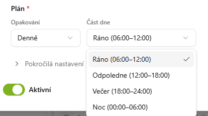 Nastavenie automatizácie — výber časového okna