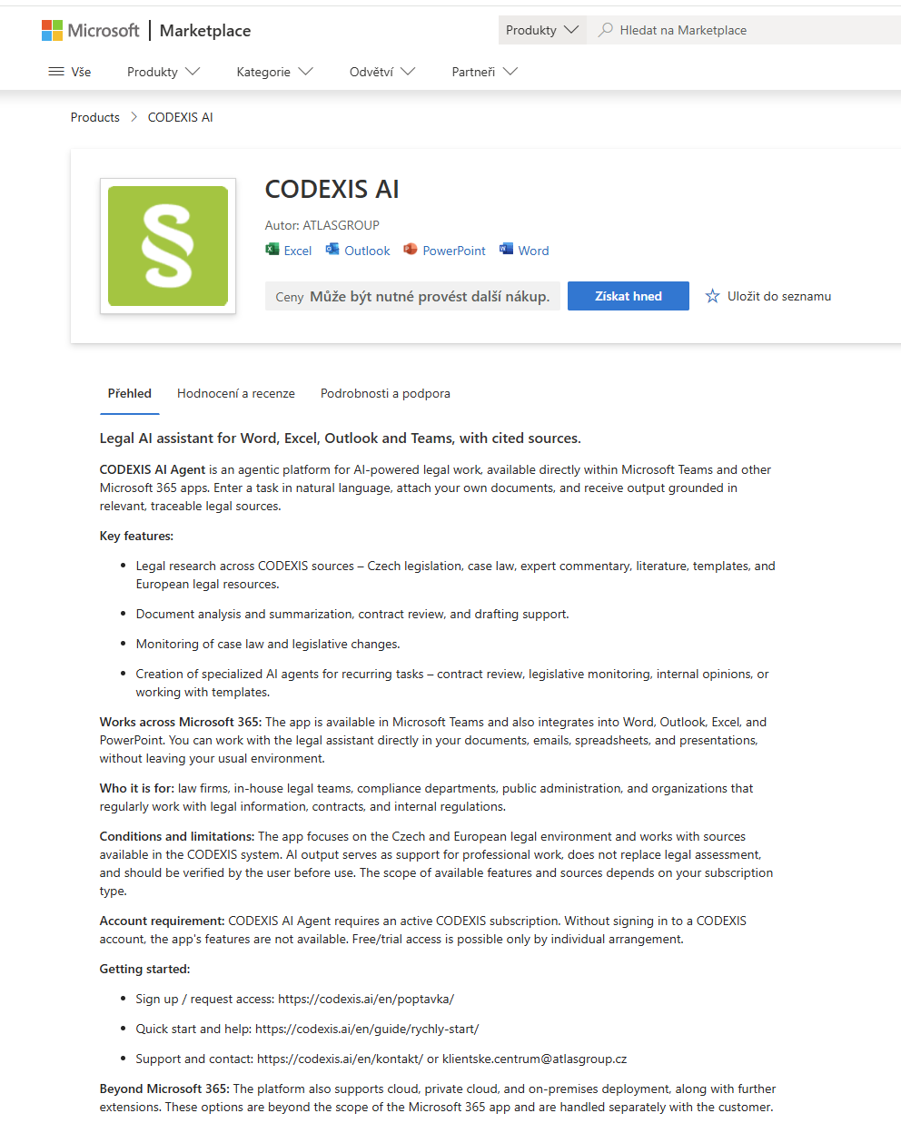 CODEXIS AI na Microsoft Marketplace — doplnok pre Word, Excel, Outlook a PowerPoint