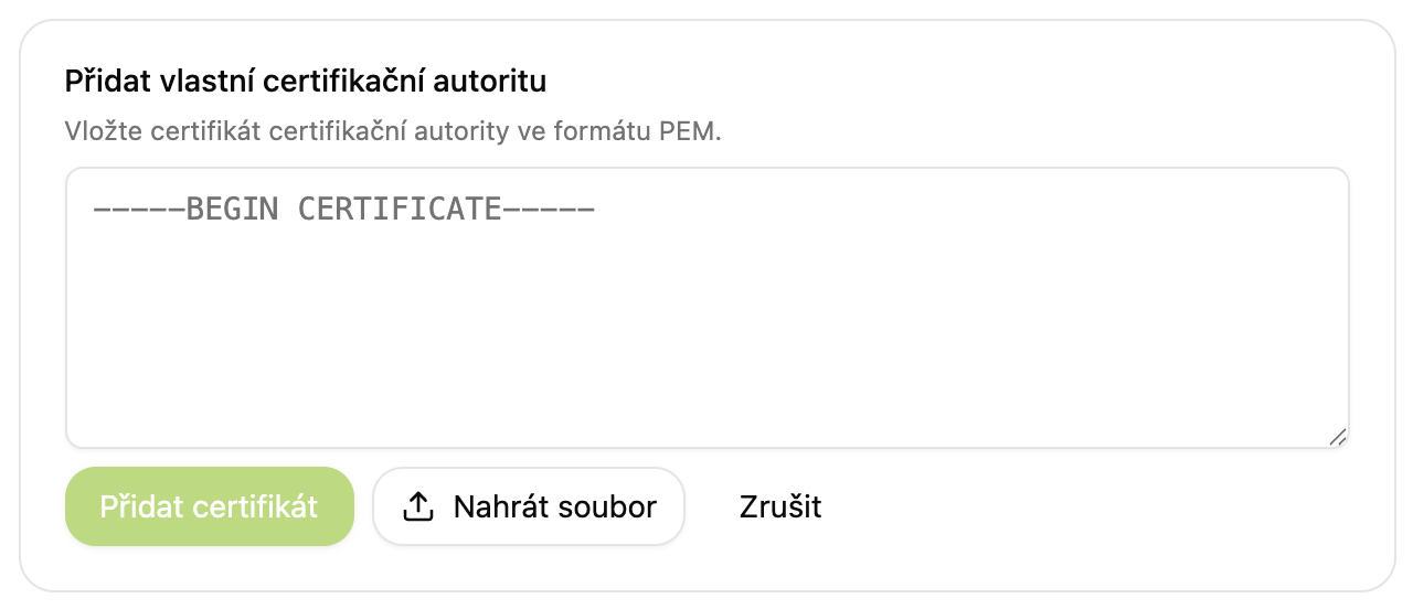 Formulář pro přidání vlastní certifikační autority s polem pro PEM