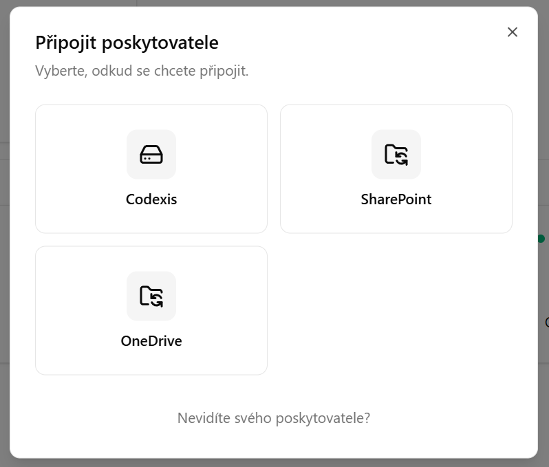 Pripojiť poskytovateľa — Codexis, SharePoint, OneDrive
