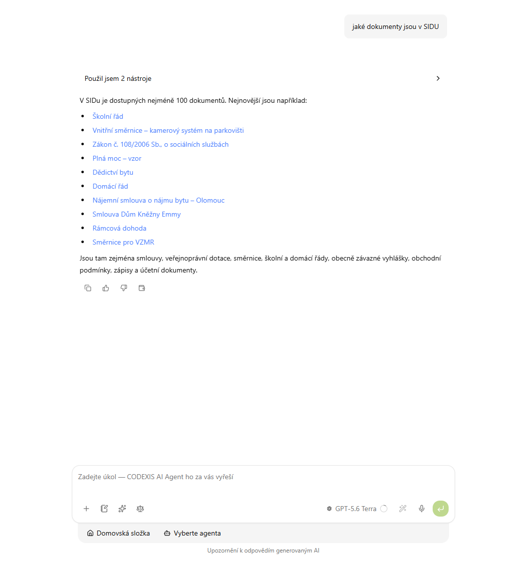 Chat — dokumenty zo SIDu v CODEXIS AI Agentovi