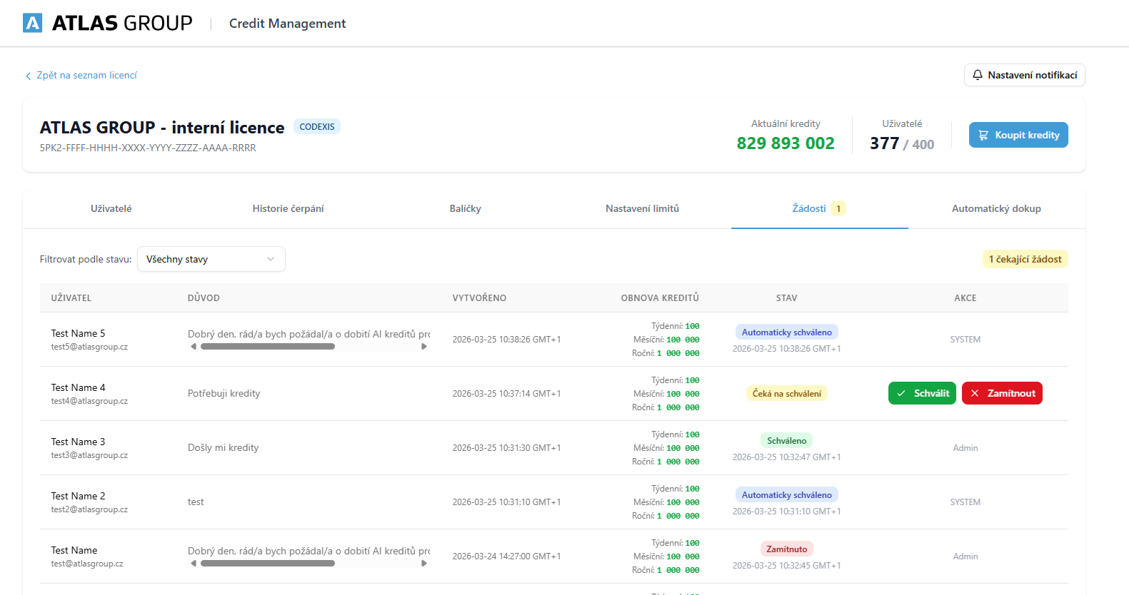 Žádosti — pohled administrátora