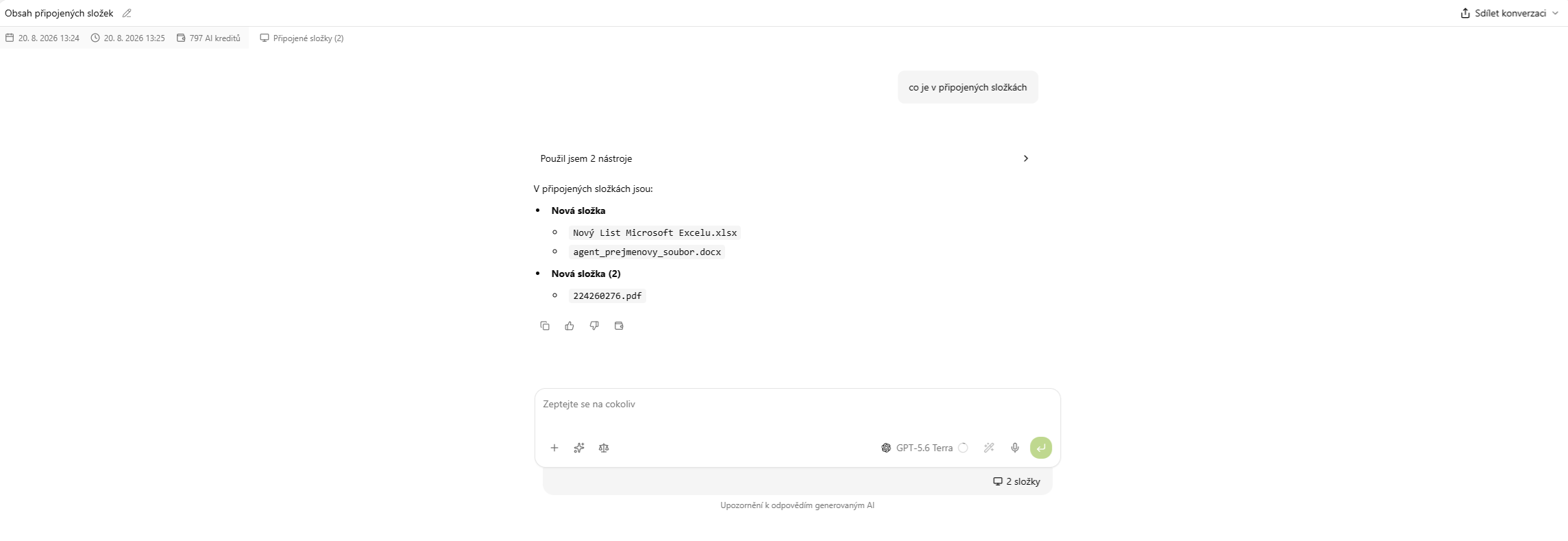 AI vypisuje obsah připojených složek v chatu