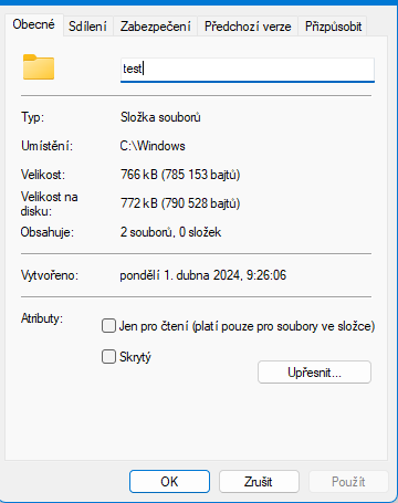 Vlastnosti složky ve Windows se záložkami Obecné a Zabezpečení
