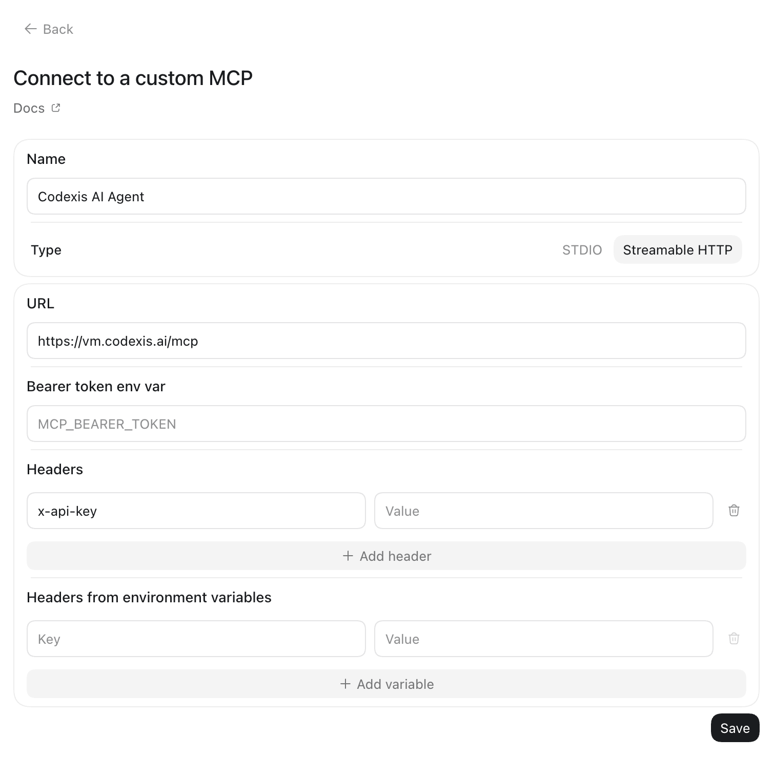 ChatGPT: formulář Streamable HTTP s adresou serveru a prázdnou hodnotou API klíče