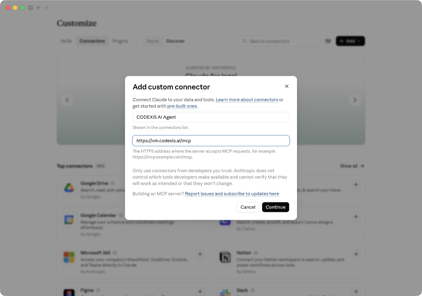 Claude Desktop: název CODEXIS AI Agent a veřejná adresa MCP serveru