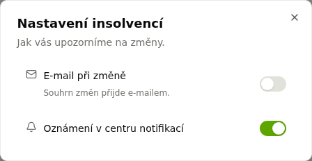 Nastavení insolvencí s volbami upozornění