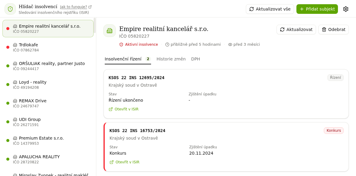 Hlídač insolvencí, detail subjektu s aktivní insolvencí
