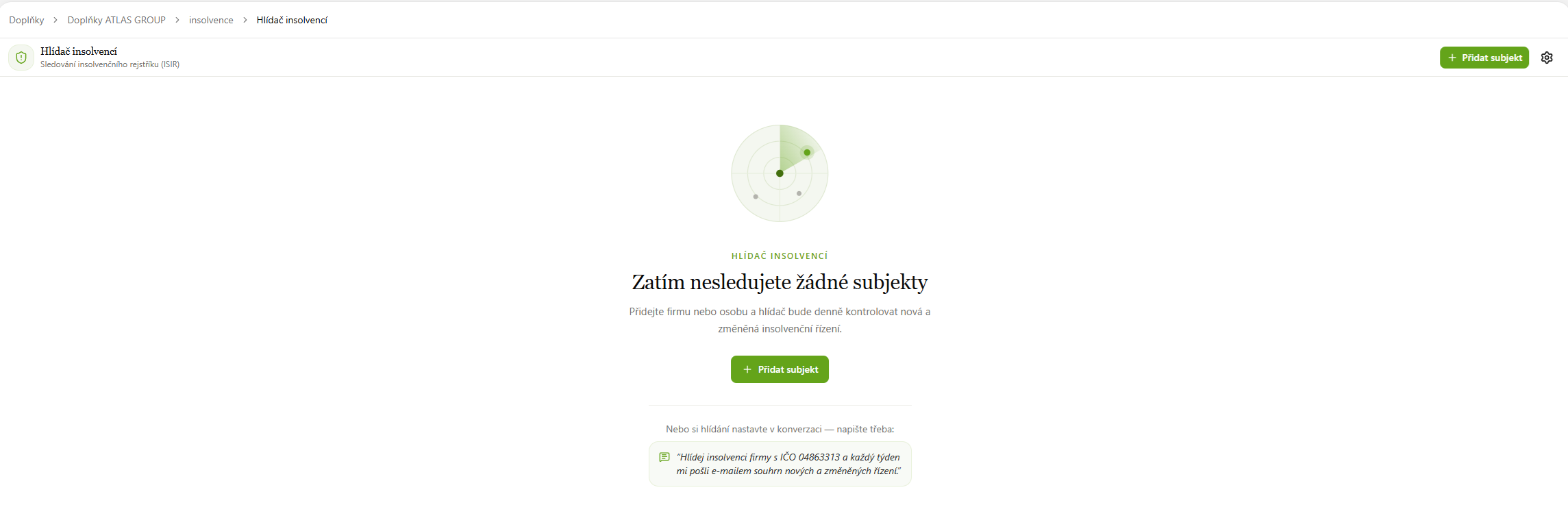 Hlídač insolvencí, úvodní obrazovka