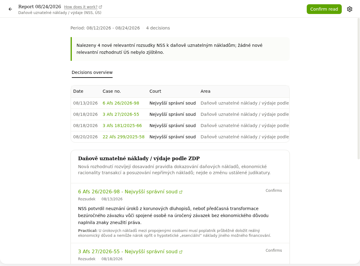 Report with a decisions overview and details by area