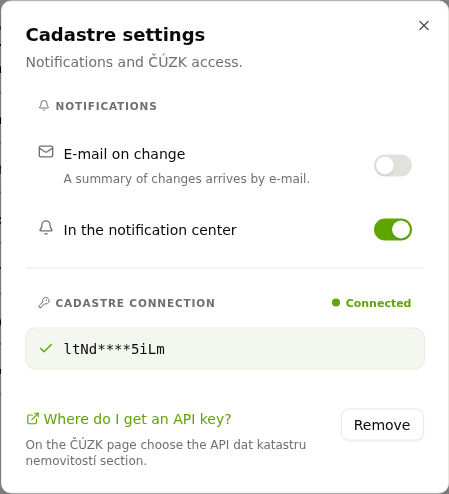 Cadastre settings with notifications and a connected API key