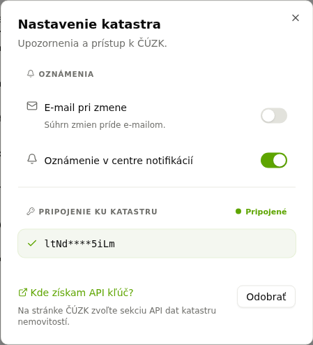 Nastavenie katastra s upozorneniami a pripojeným API kľúčom