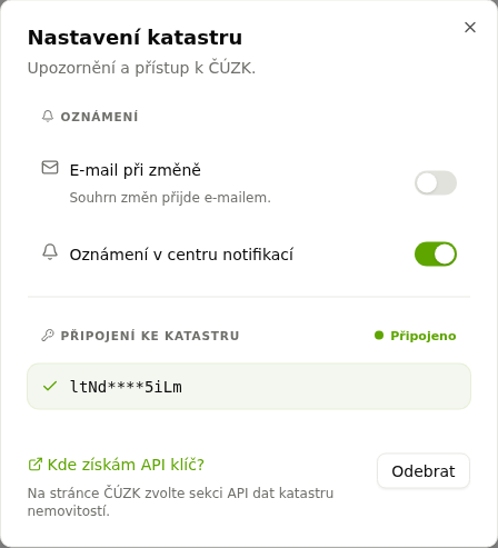 Nastavení katastru s upozorněním a připojeným API klíčem