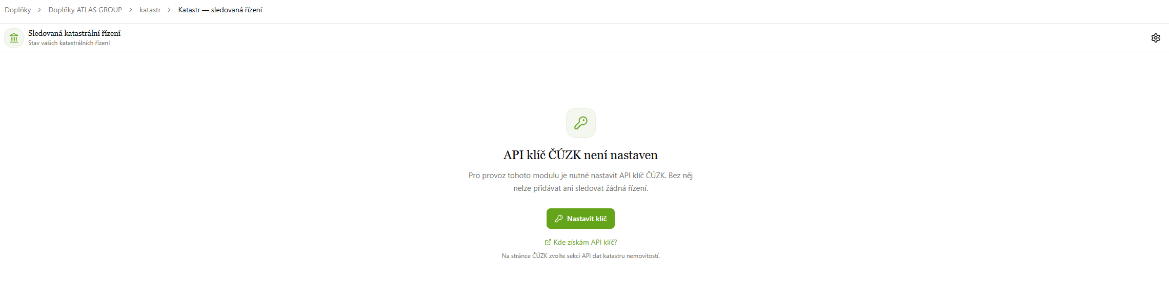 Katastr, úvodní obrazovka bez API klíče