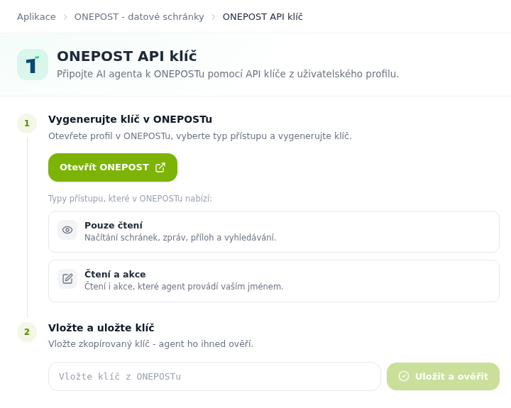 Aplikace ONEPOST API klíč se dvěma kroky připojení