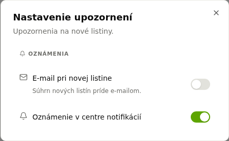 Nastavenie upozornení s voľbami E-mail pri novej listine a Oznámenie v centre notifikácií