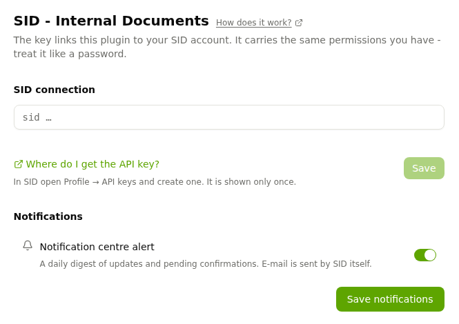 The SID - Internal Documents app with the API key field and notification settings