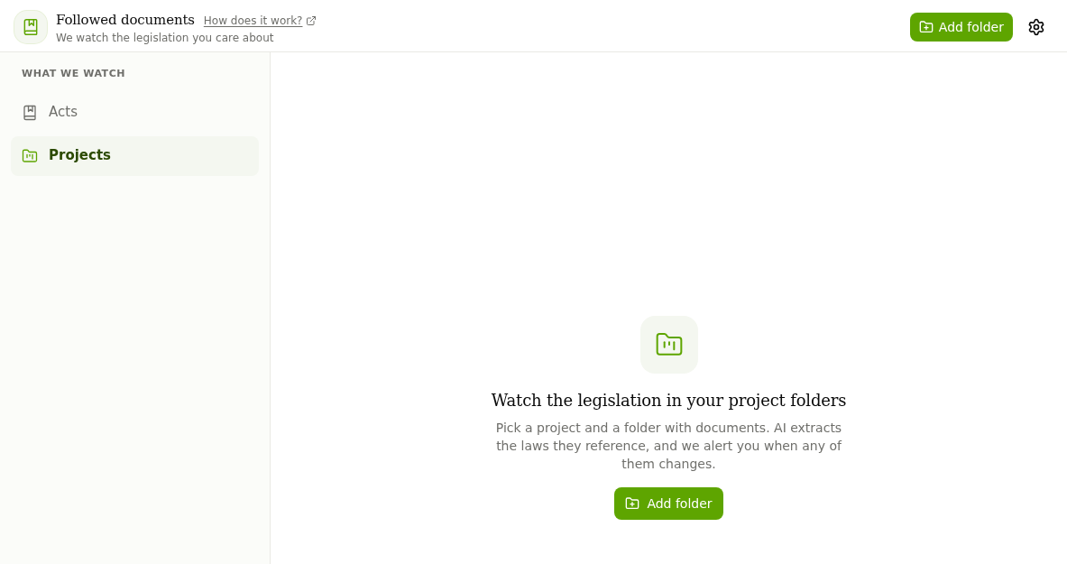 Followed documents, the Projects section with no folders yet