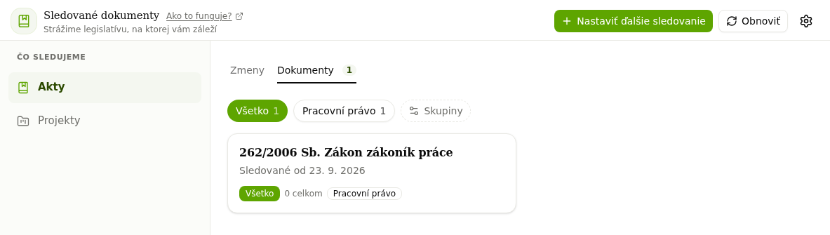 Sledované dokumenty, záložka Dokumenty so sledovaným zákonníkom práce