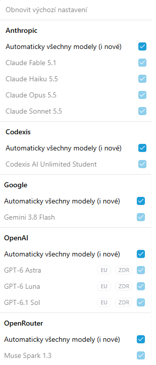 Výběr povolených modelů rozdělený podle poskytovatelů s volbou Automaticky všechny modely (i nové)