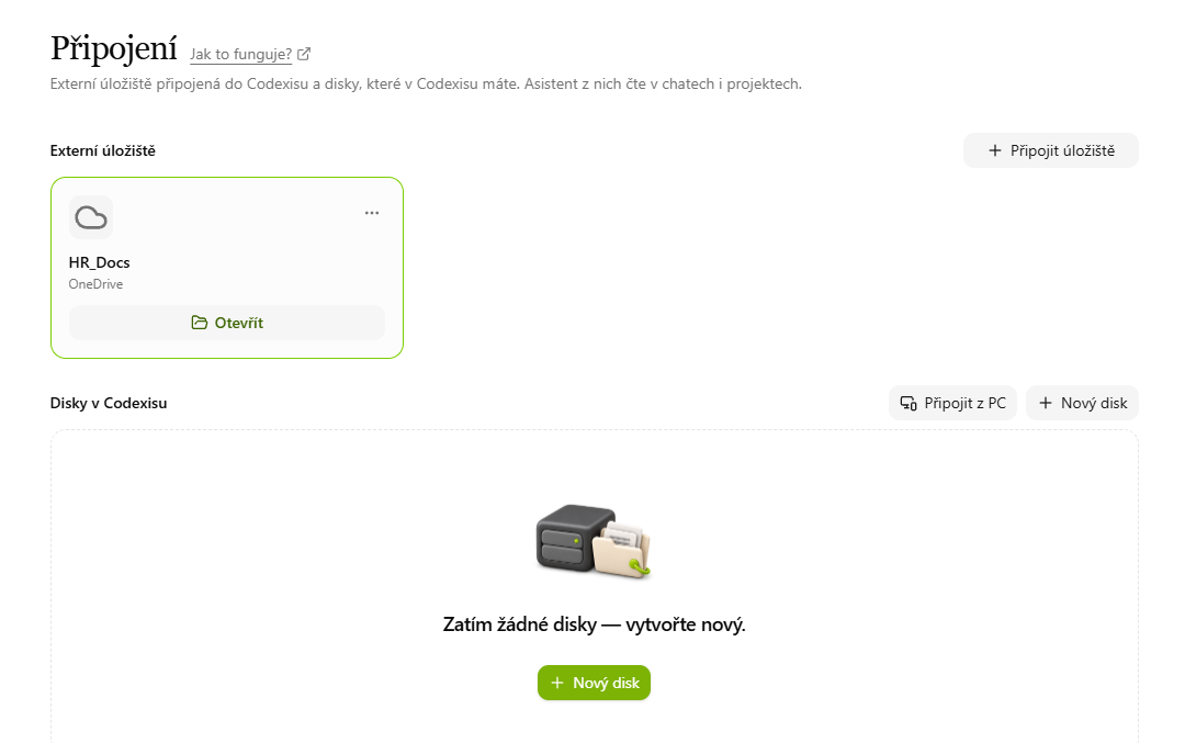 The Connections page with OneDrive external storage and the Drives in Codexis section
