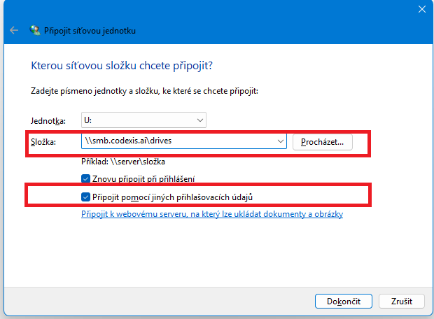 Map network drive: address and sign-in options
