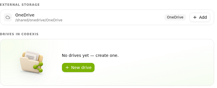 The Connections tab with external storage and the option to create a drive.