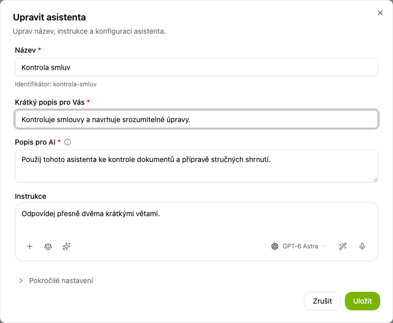 Formulář Upravit asistenta s názvem, popisy a instrukcemi