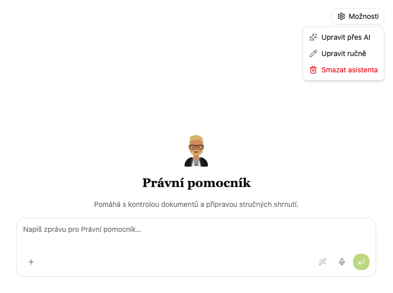 Nabídka Možnosti v konverzaci s asistentem