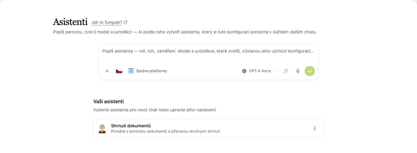Stránka Asistenti s polem pro nového asistenta a seznamem asistentů