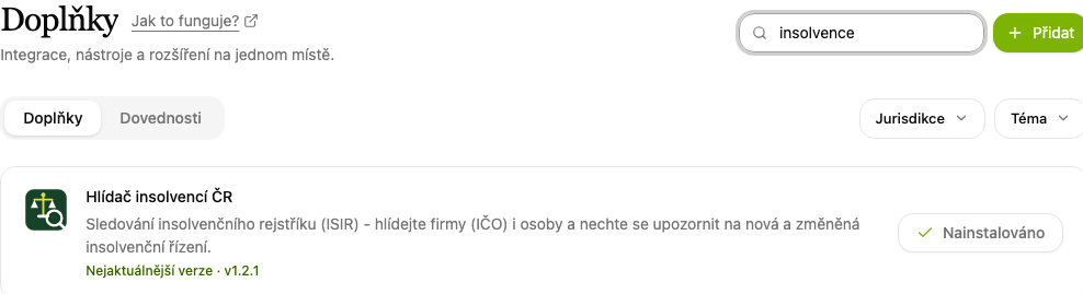 Doplňky, položka Hlídač insolvencí ČR