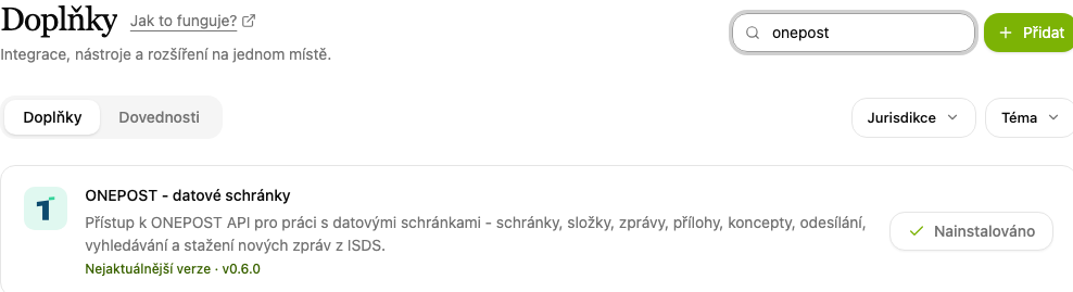 Doplňky, položka ONEPOST - datové schránky
