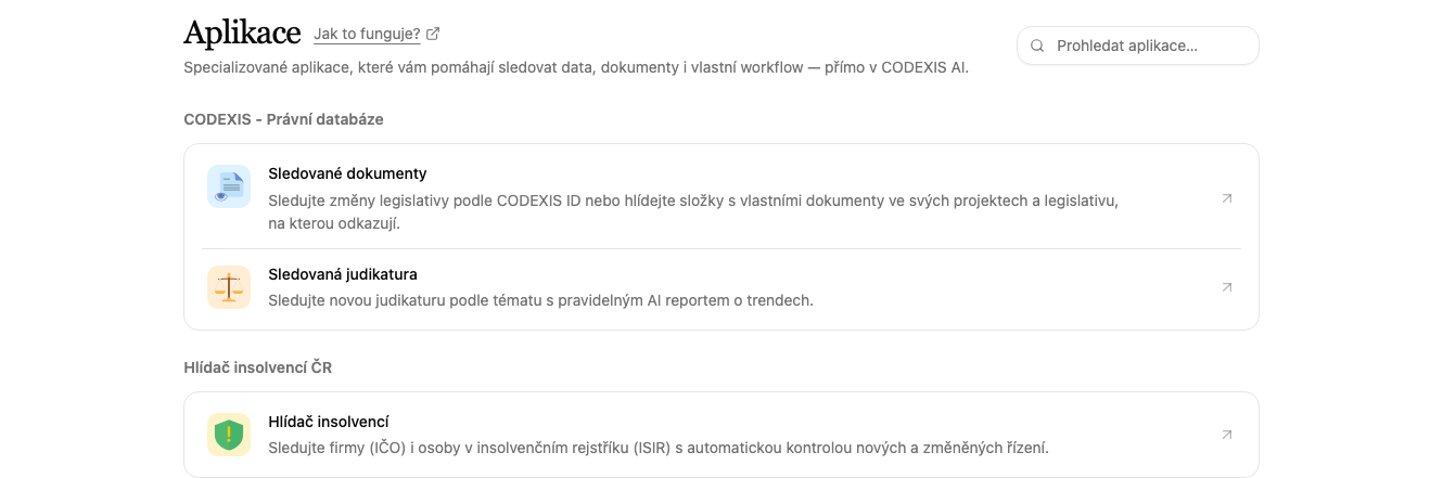 Přehled aplikací se sekcí Hlídač insolvencí ČR