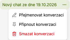 Nabídka konverzace v historii s akcemi Přejmenovat, Připnout a Smazat.