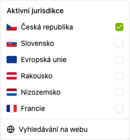 Nabídka Aktivní jurisdikce s přepínačem Vyhledávání na webu.