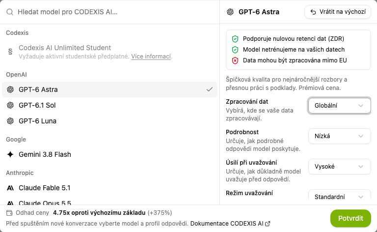Výběr modelu s profilem odpovědi a odhadem ceny.