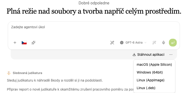 Tlačítko Stáhnout aplikaci s nabídkou verzí pro macOS, Windows a Linux