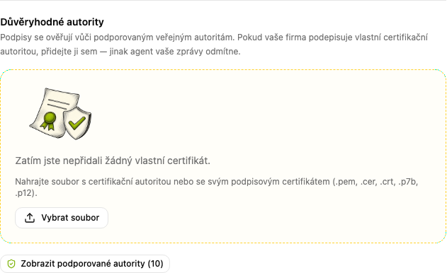 Sekce Důvěryhodné autority s tlačítky Vybrat soubor a Zobrazit podporované autority