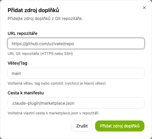 Dialog Přidat zdroj doplňků s poli URL repozitáře, Větev/Tag a Cesta k manifestu
