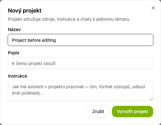 Dialog Nový projekt s názvem projektu.