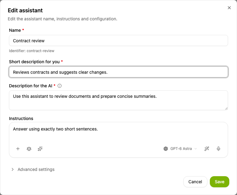 The Edit assistant form with the name, descriptions and instructions