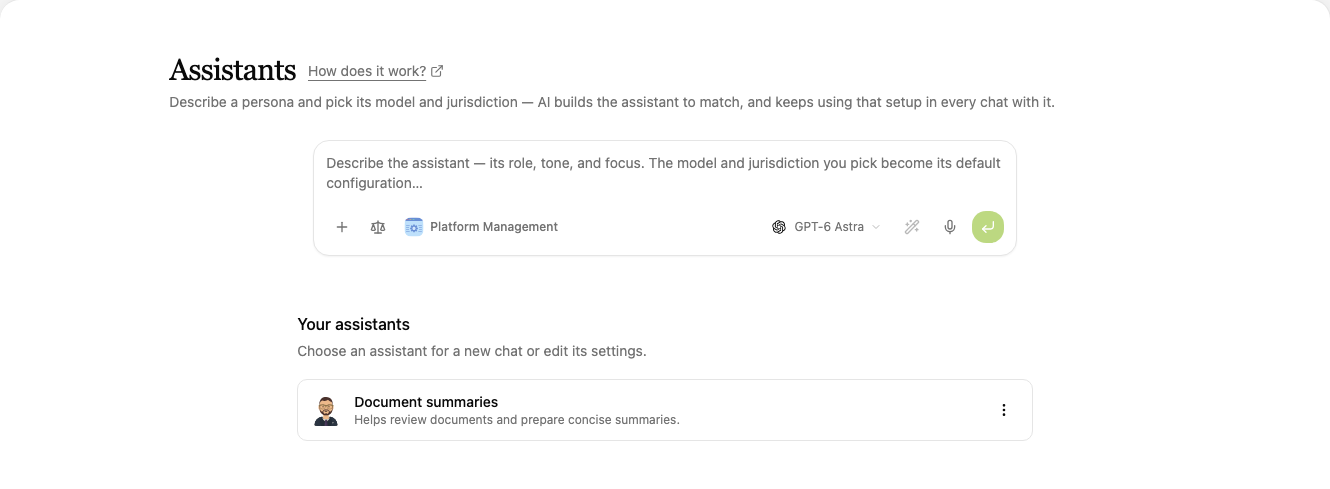 The Assistants page with the new assistant field and the list of assistants