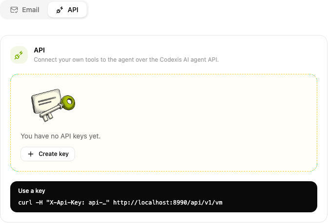 The API tab in Communication channels, showing the Create key button and a usage example