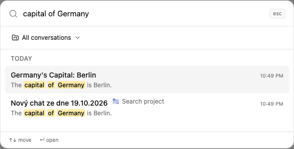 Conversation search with a project filter, text snippets and the search term highlighted.