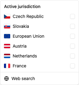 The Active jurisdictions menu with the Web search toggle.