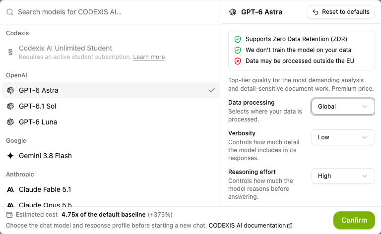 The model picker with the response profile and cost estimate.