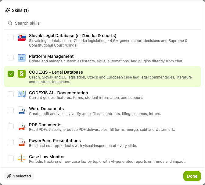 The skills list with a search field and the Done button.