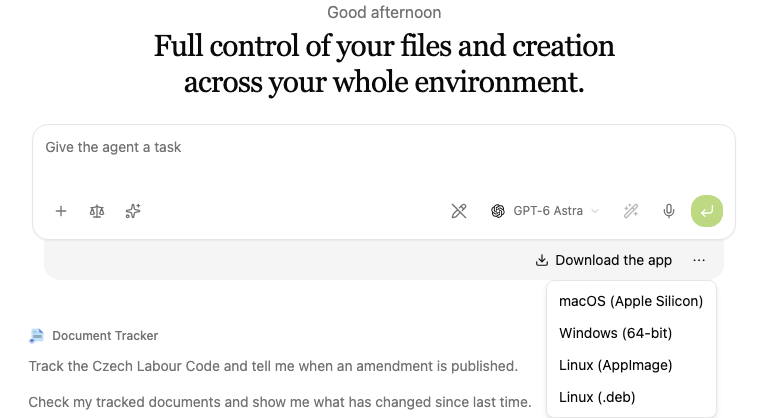 The Download the app button with the menu of builds for macOS, Windows and Linux