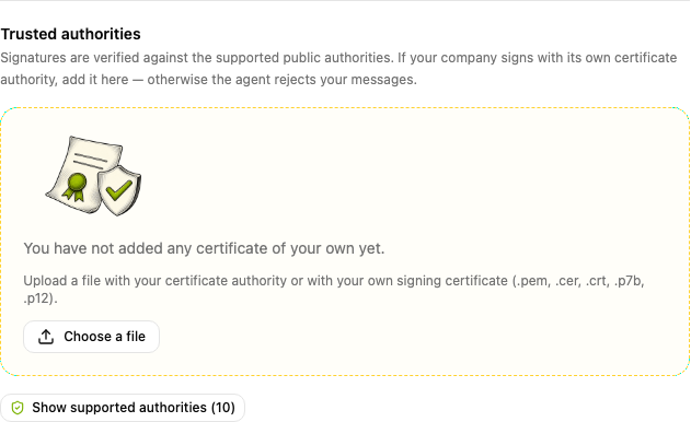 Trusted authorities section with buttons to choose a file and show supported authorities