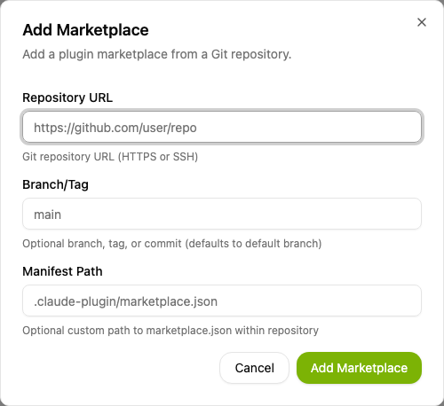 The Add add-on source dialog with the Repository URL, Branch/Tag and Manifest path fields